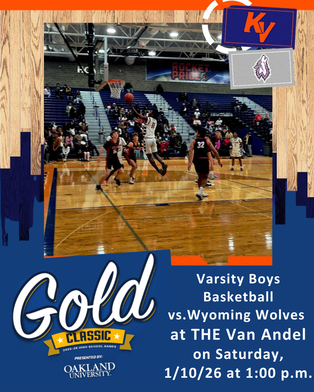 Flyer that explains the details of the game in text as well as a photo of a player going for a jump shot on the basketball court.