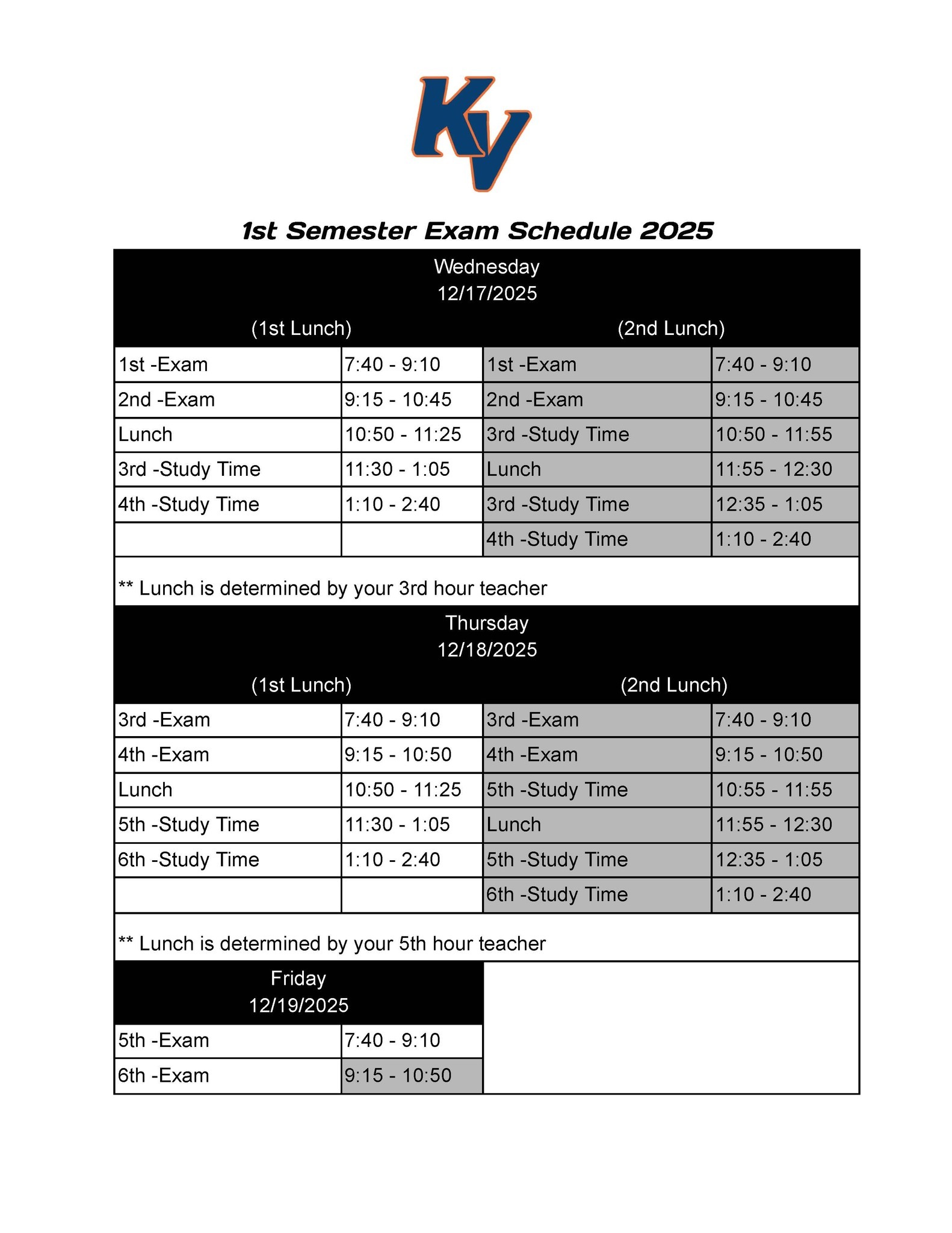2025 KHS Exam Schedule